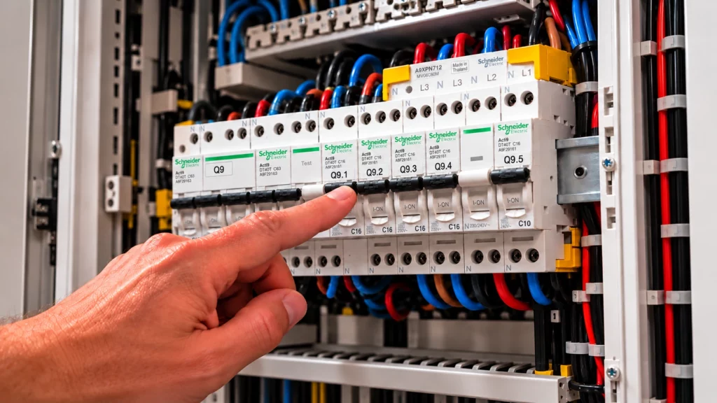 Tableau électrique Schneider avec disjoncteurs lors d’un dépannage électrique.