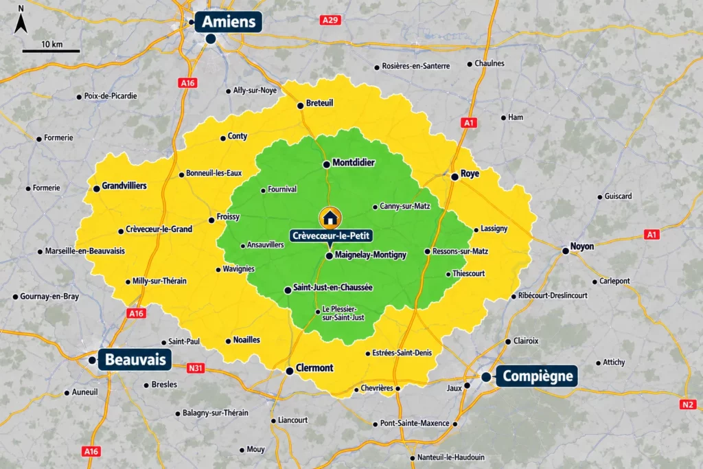Carte des zones de dépannage électrique autour de Crèvecœur-le-Petit dans l’Oise et la Somme