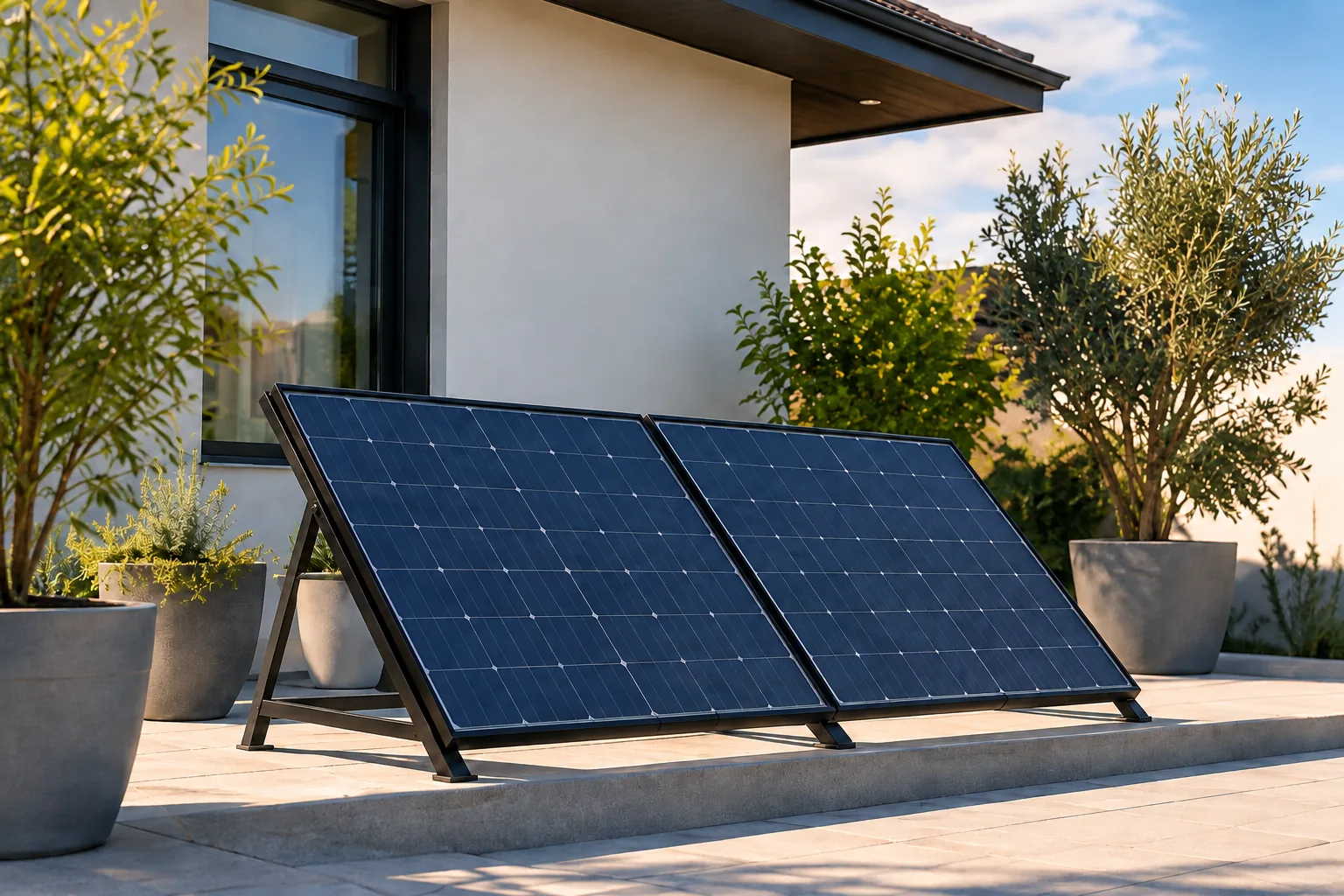 Deux panneaux solaires sur supports inclinés sur une terrasse