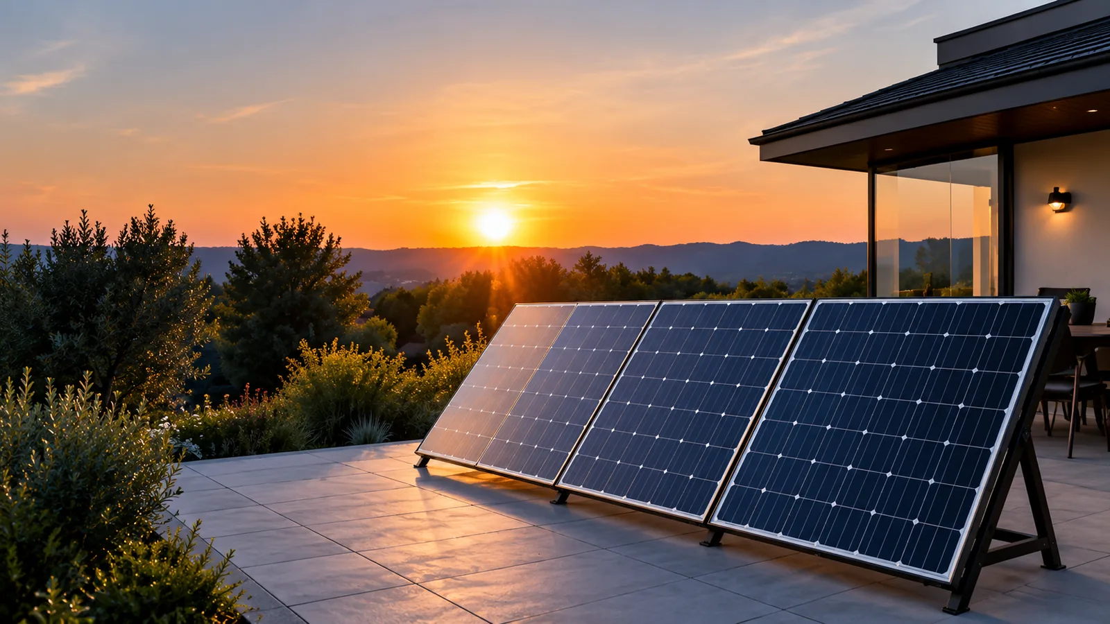 Panneaux solaires sur une terrasse au coucher du soleil