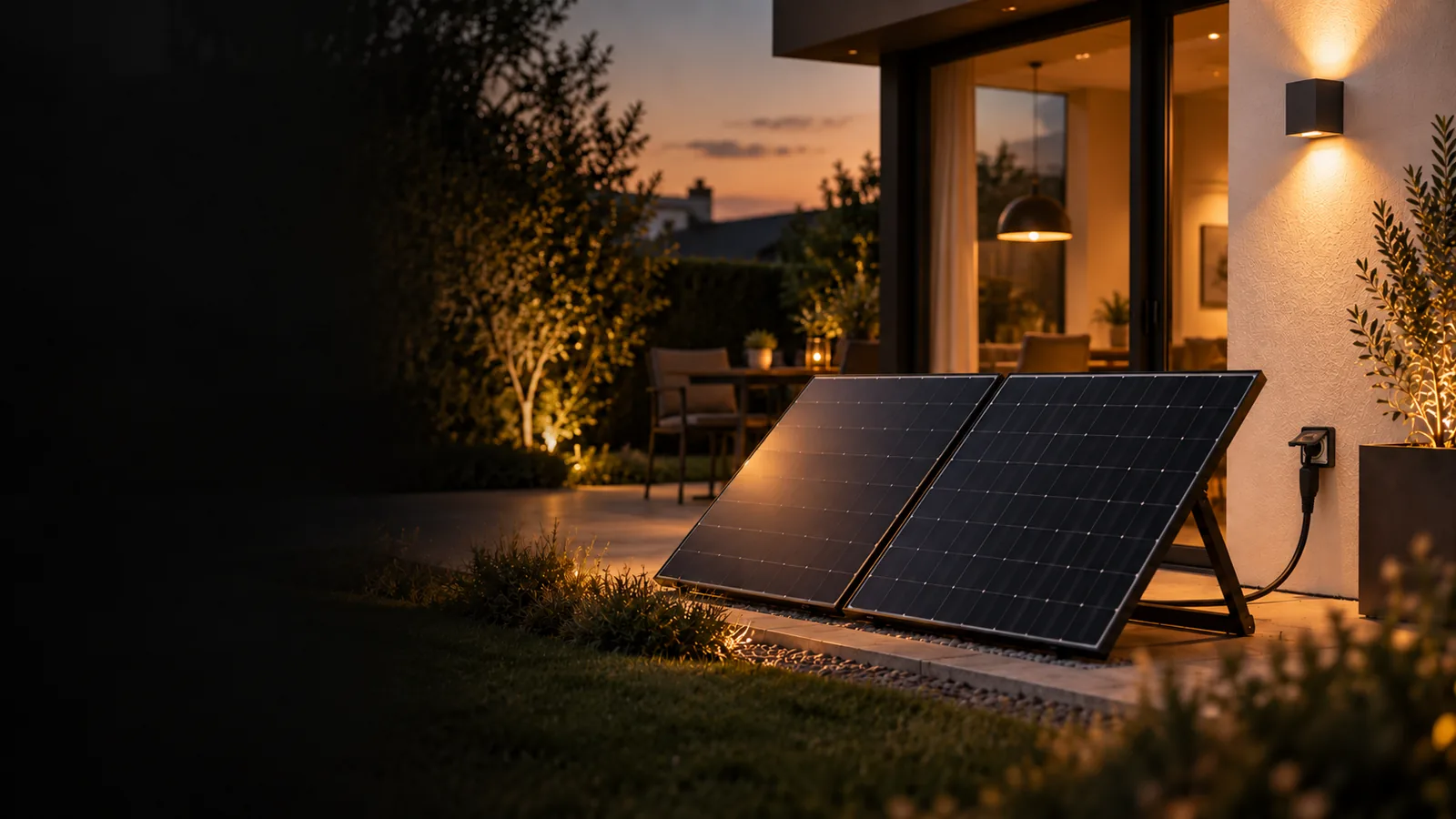 Panneaux solaires au sol devant une maison au crépuscule
