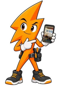 Volt, mascotte de MD Électricité, montre un tableau électrique sur son téléphone.